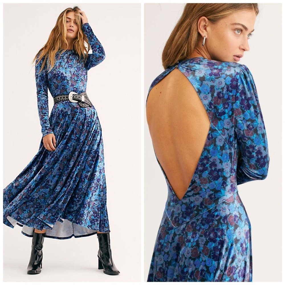 Free People Heartland Velvet Maxi Dress Blue Floral Open Back‎ Long Sleeve Large